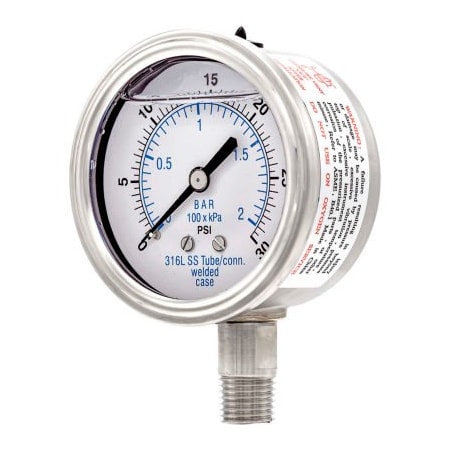 Engineered Specialty Products, Inc PIC Gauges 2.5" All Stainless Pressure Gauge, 1/4" NPT, 0/30 PSI, Glycerine Filled, LM, 301L-254C 301L-254C